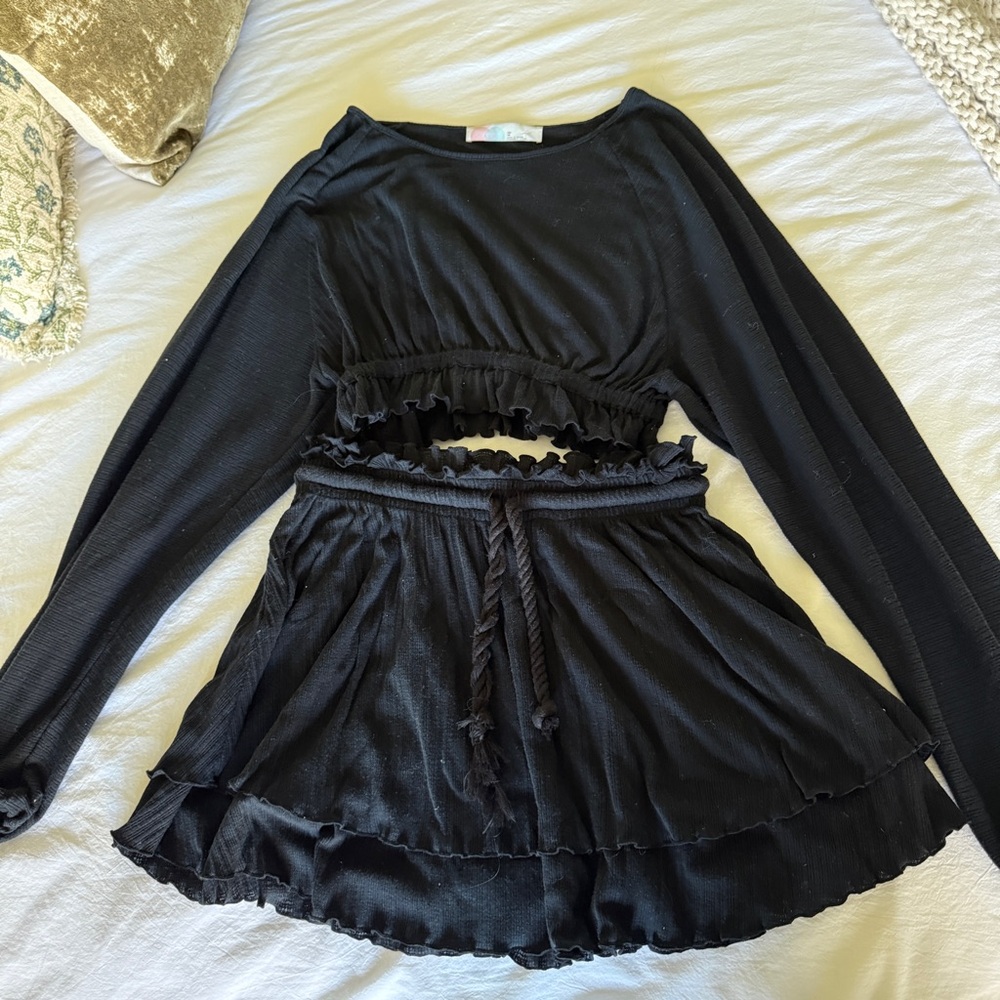 Free People Black Mini Skirt & Long Sleve Top Set